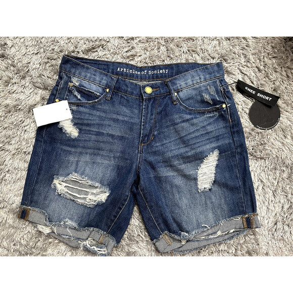 Articles Of Society Women's Nadine Knee Distressed Denim Shorts In Blue Size 25 - Picture 6 of 9